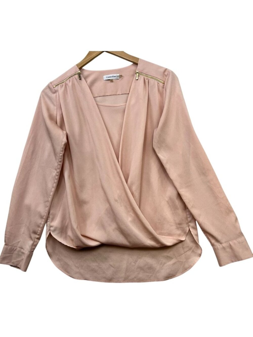 Calvin Klein Women's Wrap Blouse Long Sleeve Zipper Accent Size S Blush Pink